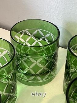 Set Of 6Crystal Emerald Green Cut to Clear VTG Whiskey Bohemian-Style Glasses
