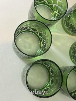 Set Of 6Crystal Emerald Green Cut to Clear VTG Whiskey Bohemian-Style Glasses