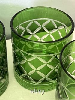 Set Of 6Crystal Emerald Green Cut to Clear VTG Whiskey Bohemian-Style Glasses