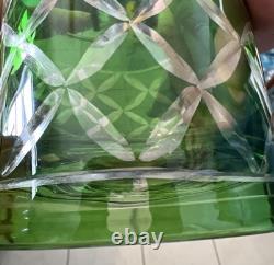 Set Of 6Crystal Emerald Green Cut to Clear VTG Whiskey Bohemian-Style Glasses