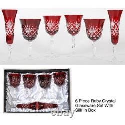Set Of 6 AFD HOME Ruby Red Cut Crystal Glasses / 2 Wine, 2, Water, & 2 Champagne