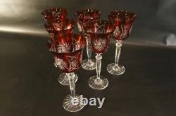 Set Of 6 Bohemian Ruby Wine Glass Crystal Cut To Clear