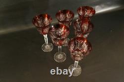Set Of 6 Bohemian Ruby Wine Glass Crystal Cut To Clear