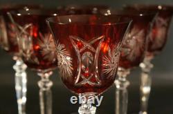 Set Of 6 Bohemian Ruby Wine Glass Crystal Cut To Clear