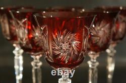 Set Of 6 Bohemian Ruby Wine Glass Crystal Cut To Clear
