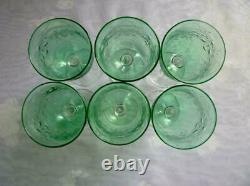 Set Of 6 Green Wheel Cut Crystal 6 Oz Wine Glasses Flowers & Foliage Webb
