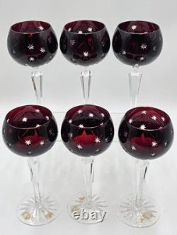 Set Of 6 Vintage Ajka Marsala Ruby Red Cut To Clear Crystal Hock Wine Glass