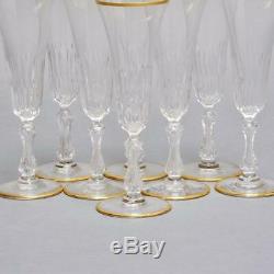 Set Of (8) Saint Louis Crystal Champagne Flutes Vertical Cuts & Gold Rim