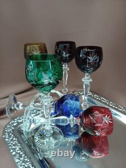 Set for 6 Vintage Multicolor Cut to Clear Crystal Liquer Glasses