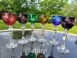 Set for 6 Vintage Multicolor Cut to Clear Crystal Liquer Glasses