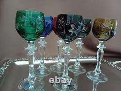 Set for 6 Vintage Multicolor Cut to Clear Crystal Liquer Glasses