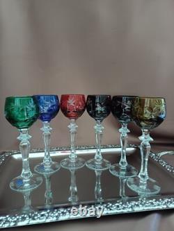 Set for 6 Vintage Multicolor Cut to Clear Crystal Liquer Glasses