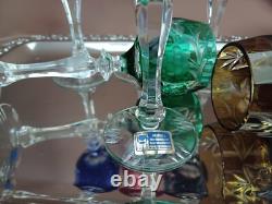 Set for 6 Vintage Multicolor Cut to Clear Crystal Liquer Glasses