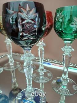 Set for 6 Vintage Multicolor Cut to Clear Crystal Liquer Glasses