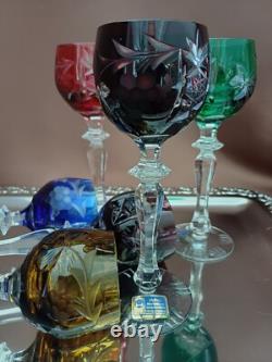 Set for 6 Vintage Multicolor Cut to Clear Crystal Liquer Glasses