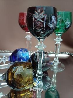 Set for 6 Vintage Multicolor Cut to Clear Crystal Liquer Glasses
