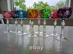 Set for 9 Vintage Multicolor Cut to Clear Crystal Liquer Glasses