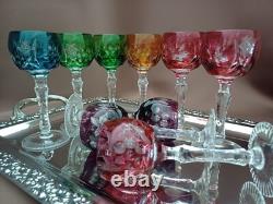Set for 9 Vintage Multicolor Cut to Clear Crystal Liquer Glasses