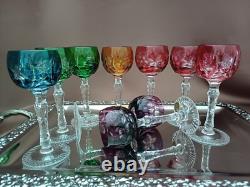 Set for 9 Vintage Multicolor Cut to Clear Crystal Liquer Glasses