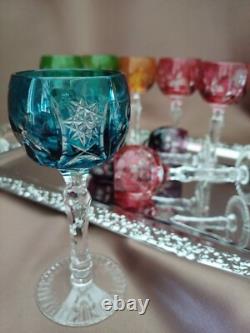 Set for 9 Vintage Multicolor Cut to Clear Crystal Liquer Glasses