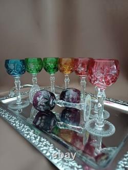 Set for 9 Vintage Multicolor Cut to Clear Crystal Liquer Glasses