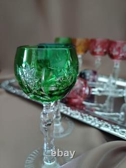 Set for 9 Vintage Multicolor Cut to Clear Crystal Liquer Glasses