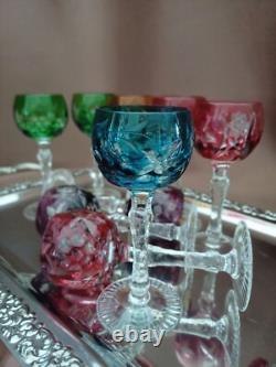Set for 9 Vintage Multicolor Cut to Clear Crystal Liquer Glasses