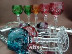 Set for 9 Vintage Multicolor Cut to Clear Crystal Liquer Glasses