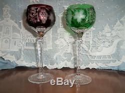 Set of 12 Ruby Red & Green Ajka Marsala Cut to Clear Crystal Wine Glasses 8-1/4