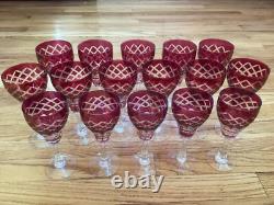 Set of 16 Cranberry Cut to Clear Crystal Wine/Cordial Glasses 3 Sizes Hand Blown