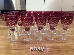 Set of 16 Cranberry Cut to Clear Crystal Wine/Cordial Glasses 3 Sizes Hand Blown