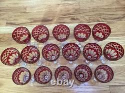 Set of 16 Cranberry Cut to Clear Crystal Wine/Cordial Glasses 3 Sizes Hand Blown