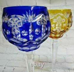 Set of 4 Crystal Colored Cut to Clear Wine Hock Glasses, Goblets, Bohemian, 8