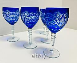 Set of 5 Bohemian Cobalt Cut To Clear Crystal Wine Or Water Goblets