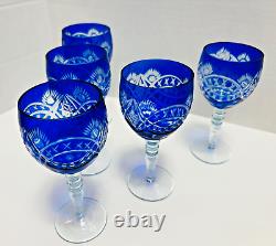 Set of 5 Bohemian Cobalt Cut To Clear Crystal Wine Or Water Goblets