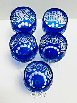 Set of 5 Bohemian Cobalt Cut To Clear Crystal Wine Or Water Goblets