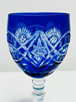 Set of 5 Bohemian Cobalt Cut To Clear Crystal Wine Or Water Goblets