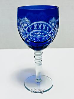 Set of 5 Bohemian Cobalt Cut To Clear Crystal Wine Or Water Goblets