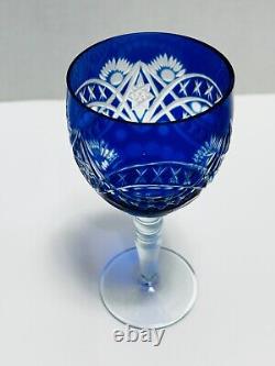 Set of 5 Bohemian Cobalt Cut To Clear Crystal Wine Or Water Goblets