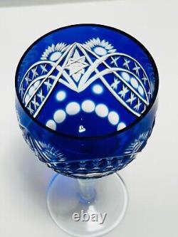 Set of 5 Bohemian Cobalt Cut To Clear Crystal Wine Or Water Goblets