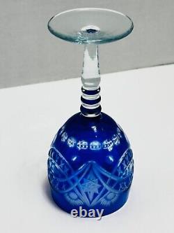 Set of 5 Bohemian Cobalt Cut To Clear Crystal Wine Or Water Goblets