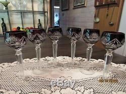 Set of 6 Bohemian Czech Ruby Red Burgundy Cut to Clear Crystal Cordial Glasses