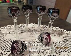 Set of 6 Bohemian Czech Ruby Red Burgundy Cut to Clear Crystal Cordial Glasses