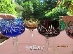 Set of 6 Bohemian Multicolored Cut To Clear Lead Crystal Hocks Wine Glasses