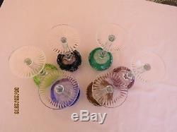 Set of 6 Bohemian Multicolored Cut To Clear Lead Crystal Hocks Wine Glasses
