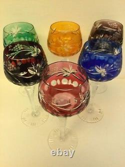 Set of 6 Clorful Ajka Cut to Clear Crystal Wine Glasses, Goblets Hungary