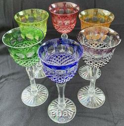 Set of 6 Cut to Clear Crystal Multi-Color Wine Goblets Glasses 8.25H Bohemia
