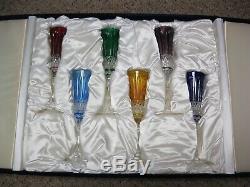Set of 6 Faberge Xenia Crystal Colored Champagne Flutes/Glasses, Cut to Clear-NIB