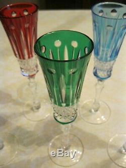 Set of 6 Faberge Xenia Crystal Colored Champagne Flutes/Glasses, Cut to Clear-NIB