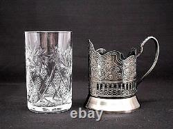 Set of 6 Russian Tea Glass Holders Podstakannik with Soviet Cut Crystal Glasses